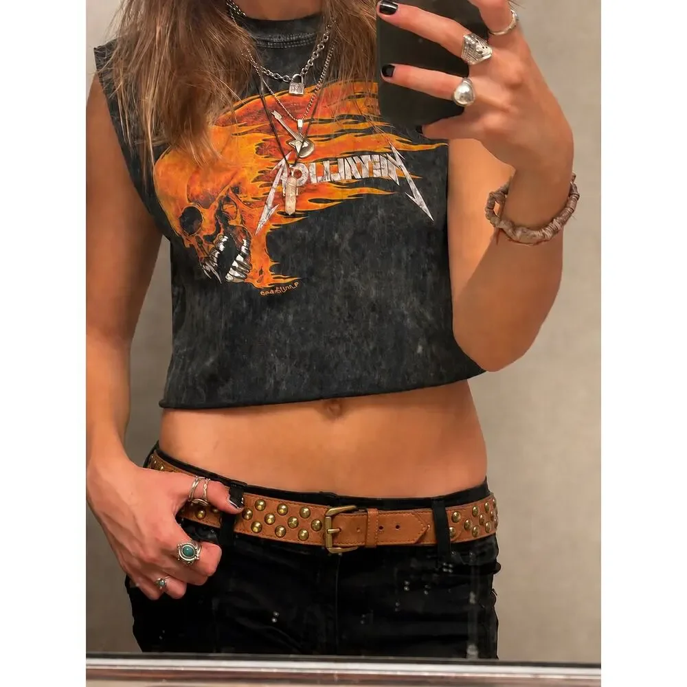 Vintage Nine West Cognac Leather Studded Belt Y2K Unisex Brass Punk Moto Western